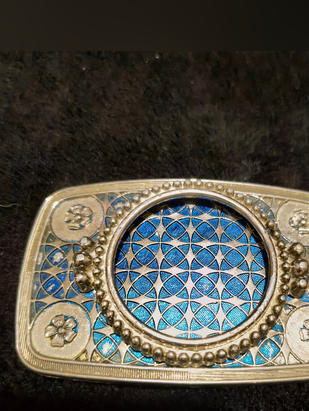 Vintage Western Silver Tone Belt Buckle Blue Geometric Floral Design.